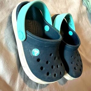 Navy and teal toddler crocs